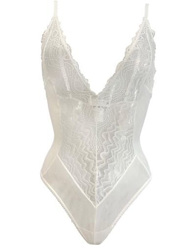 Carol Coelho Spider's Web Tulle & Lace Contour V-neck Bodysuit - White