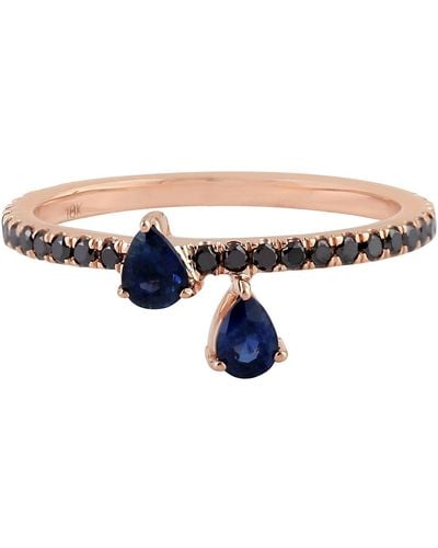 Artisan Natural Sapphire Band Ring 18k Rose Gold Diamond - Blue