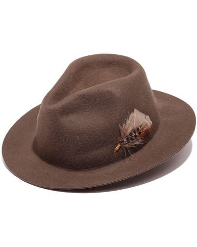 Justine Hats Fedora Hat With Exquisite Feather And Hand Embroidery - Brown