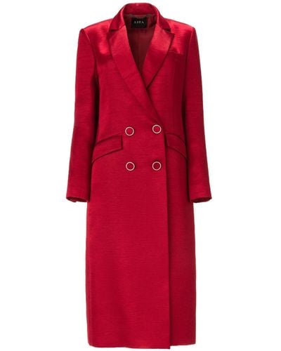 Lita Couture Belted Midi Trench Coat In Satin Blend - Red