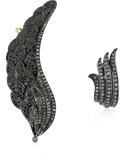 Artisan Pave Diamond 925 Sterling Silver Feather Style Ear Cuffs 18k Gold Handmade Jewelry - Metallic