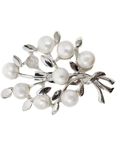 Farra Silver Color Leaf Adorned With Freshwater Pearls Brooch - Metallic
