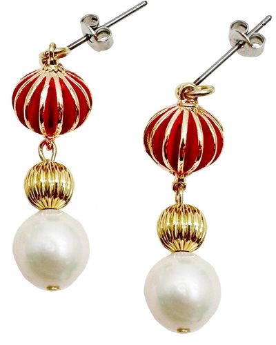 Farra Chinese Lantern With Freshwater Pearls Dangle Earrings - Red