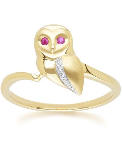 Gemondo Gardenia Ruby & White Sapphire Owl Ring In Yellow Gold - Metallic