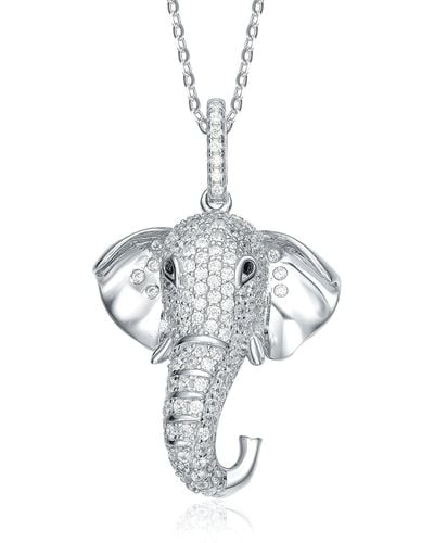 Genevive Jewelry Rhodium-plated With Diamond Cubic Zirconia Iced Out Lucky Elephant Head Pendant Necklace In Sterling Silver - Metallic