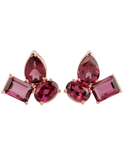 Artisan 18k Rose Gold Rhodolite Gemstone Stud Earrings - Red