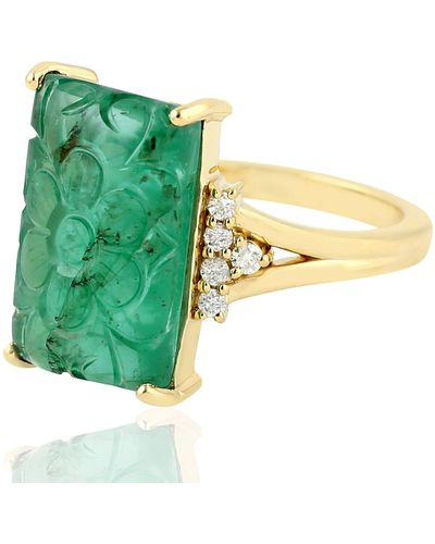 Artisan 18kt Gold Carving Emerald Natural Diamond Cocktail Ring - Green