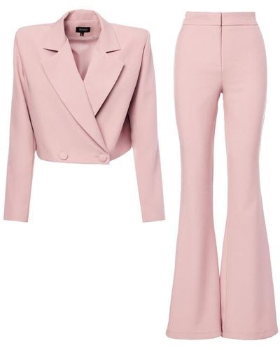 BLUZAT Pastel Pink Suit With Cropped Blazer And Flared Pants