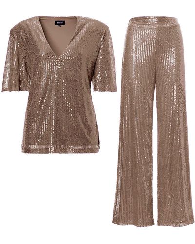 BLUZAT Sequin Matching Set With Blouse And Wide Leg Trousers - Brown