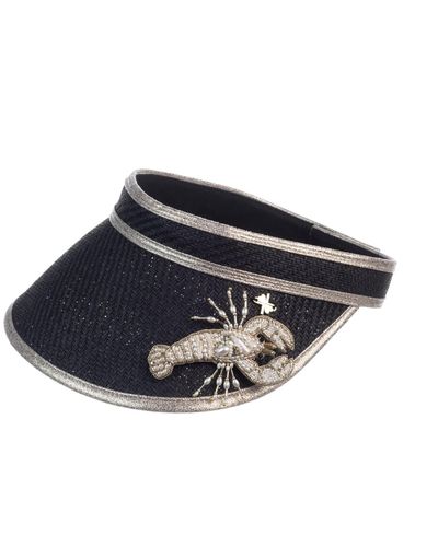 Laines London Straw Woven Visor With Beaded Lobster Brooch - Black