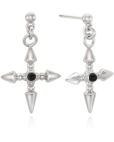 ille lan P.d.l Pendulum Cross Earrings With Black Onyx Setting Plated In White Gold 925
