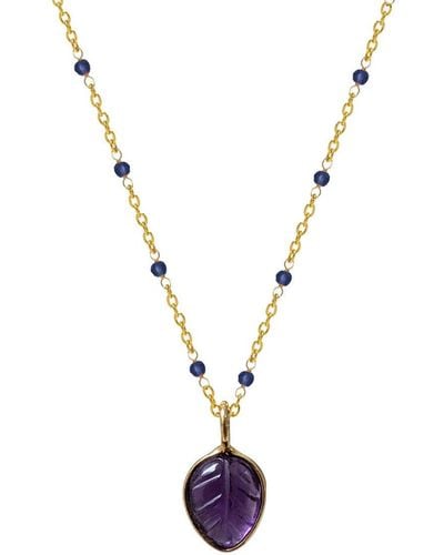 Mirabelle Fancy Sapphire Rosary With Amethyst Carved Leaf Pendant - Metallic
