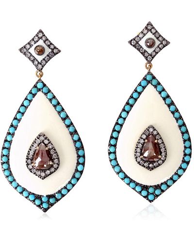 Artisan Pear Cut Ice Diamond & Turquoise Enamel Pretty Dangle Earrings In 18k With Silver - Blue