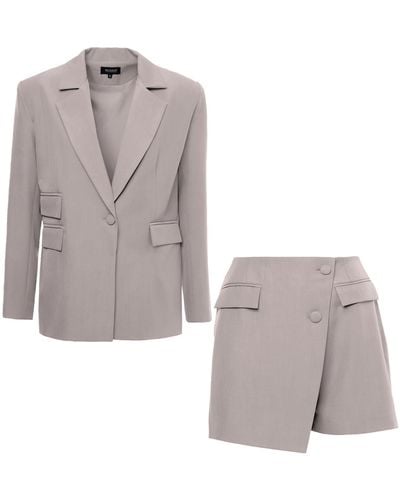 BLUZAT Neutrals Suit With Regular Blazer With Double Pocket And Skort - Grey