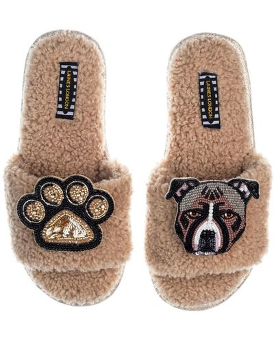 Laines London Teddy Toweling Slippers With Luna-rose Staffy & Paw Brooches - Natural