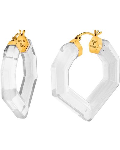 Gold & Honey Heart Gemstone Lucite Hoop Earrings In Clear - Metallic
