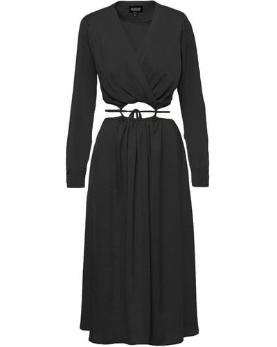 BLUZAT Midi Dress With Waist Cut-out - Black