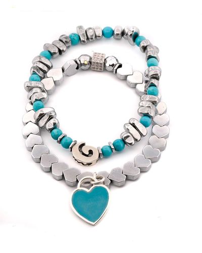 Ebru Jewelry Sterling Silver Love Charms Turquoise & Hematite Stone Beaded Bracelet Set - Blue