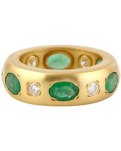 Artisan 18k Yellow Gold With Oval Emerald & Diamond Band Ring