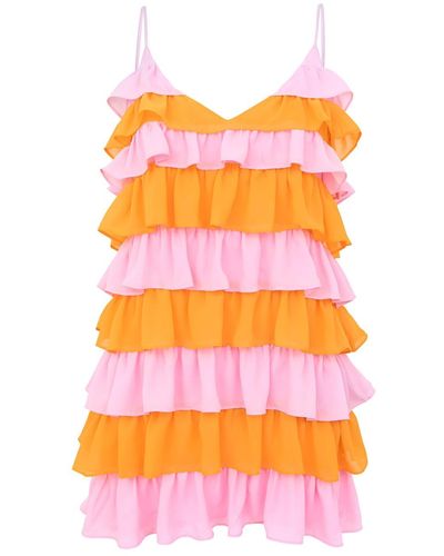 blonde gone rogue Summer Affair Mini Ruffled Dress In Pink And Orange