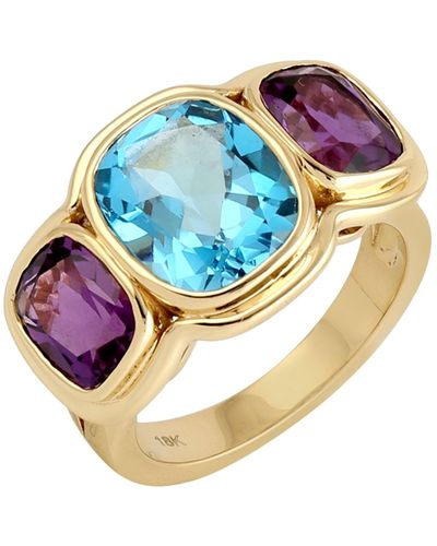 Artisan Blue Topaz & Amethyst Gemstone Three Stone Cocktail Ring In 18k Yellow Gold