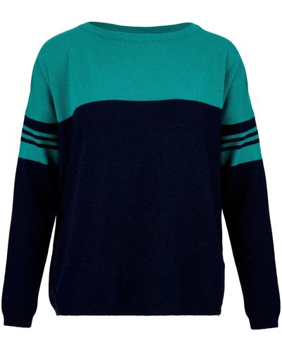 At Last Cashmere Mix Jumper In Teal & Navy With Navy Arm Rings - Blue
