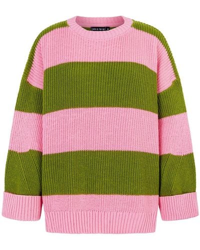 Cara & The Sky Rhiannon Recycled Cotton Chunky Stripe Sweater - Green