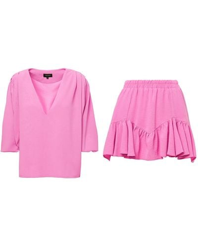 BLUZAT Pastel Pink Matching Set With Draped Blouse And Skort