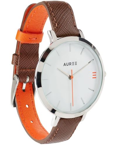 Auree Montmartre Sterling Silver Watch With Chestnut Brown & Orange Strap - Red