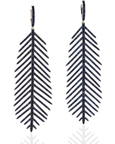 Artisan Natural Sapphire Feather Dangle Earrings In Solid18k White Gold - Black