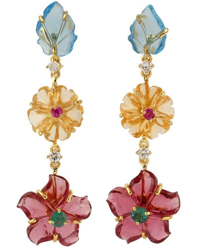 Artisan Carving Mix Stone With Multi Stone Pave Diamond In 14k Gold Floral Dangle Earrings - Multicolour