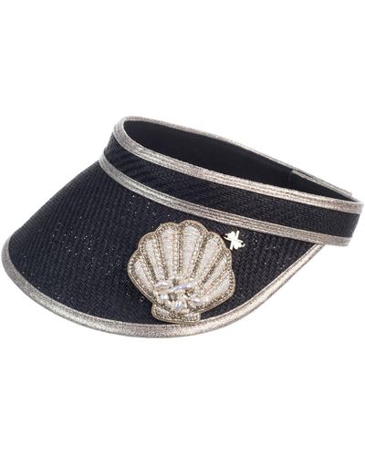 Laines London Straw Woven Visor With Beaded Shell Brooch - Black