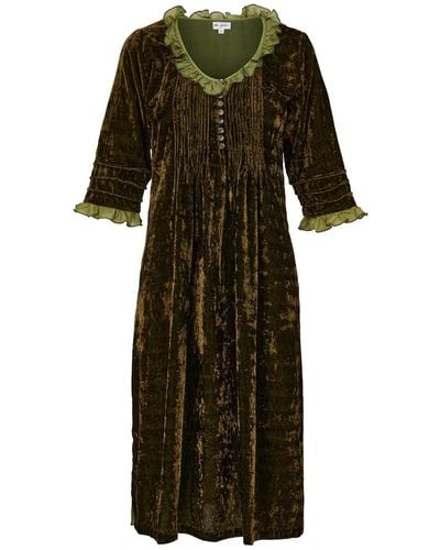 At Last Silk Velvet Karen Dress In Olive - Green