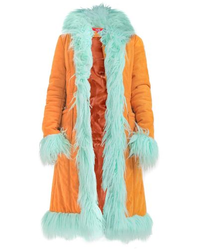 Elsie & Fred Lola Faux Suede Fur Trimmed Long Line Coat - Orange