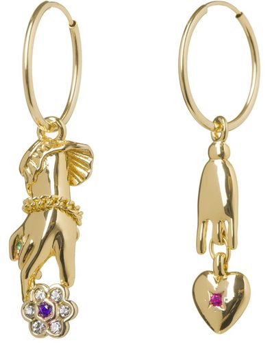 Patroula Jewellery Small Gold Hoop Hands And Hearts Earrings - Metallic
