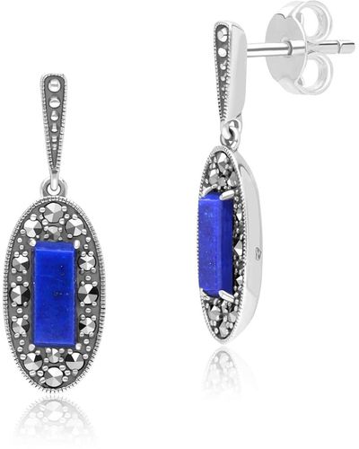 Gemondo Art Deco Style Oval Lapis Lazuli & Marcasite Drop Earrings In Sterling Silver - Blue