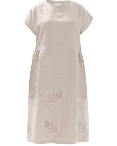 Haris Cotton Neutrals Embroidered Batwing Sleeve Linen Dress With Pleate Details - Natural