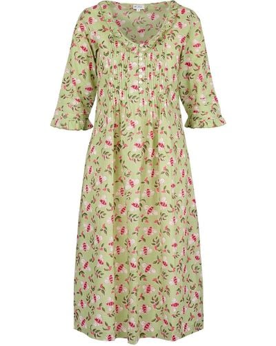 At Last Cotton Karen 3/4 Sleeve Day Dress In Pistachio With Pink Busy Bees - Green