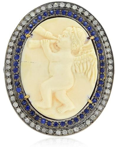 Artisan 18k Gold Silver With Blue Sapphire & Carved Mammoth Pave Diamond Angle Child Ring