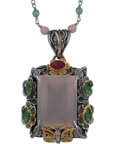 Emma Chapman Jewels Salma Rose Quartz Emerald Ruby Pendant - Grey