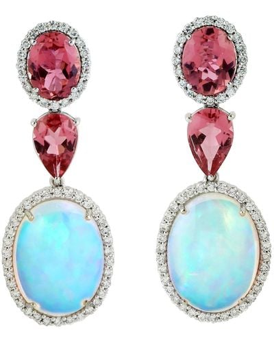 Artisan Pink Tourmaline & Ethiopian Opal Gemstone Pave Diamond In 18k White Gold Dangle Earrings - Blue