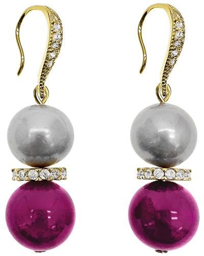 Farra Grey Freshwater Pearls With Magenta Gemstone Earrings - Purple