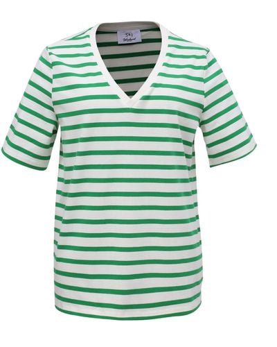 Smart and Joy V Neck Stripes Cotton T-shirt - Green