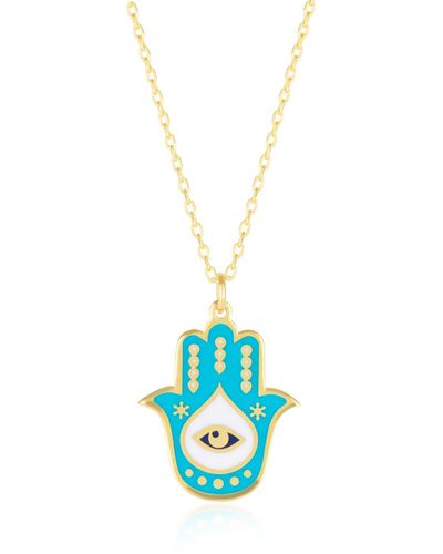 Spero London Authentic Turquoise Colour Hamsa Hand Necklace Sterling Silver - Blue