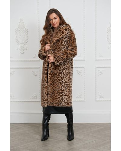 ISSY LONDON Neutrals / Loretta Longline Luxe Faux Fur Coat Leopard - Brown