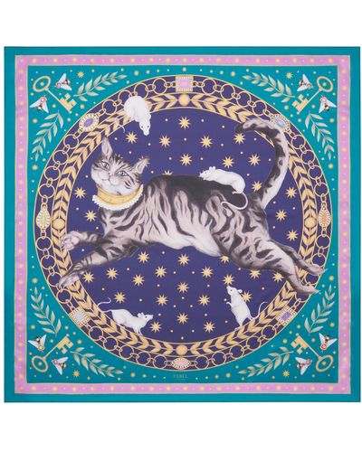 Fable England Fable Catherine Rowe Pet Portraits Tabby Emerald Silk Square Scarf - Blue