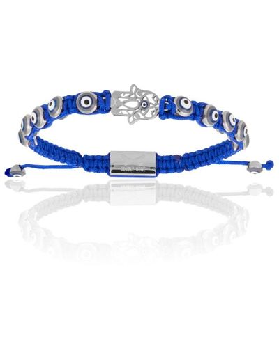 Double Bone Bracelets Silver Hamsa Hand With Polyester Bracelet - Blue