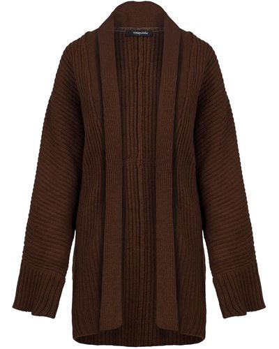 Conquista Hip Length Open Front Batwing Knit Cardigan - Brown