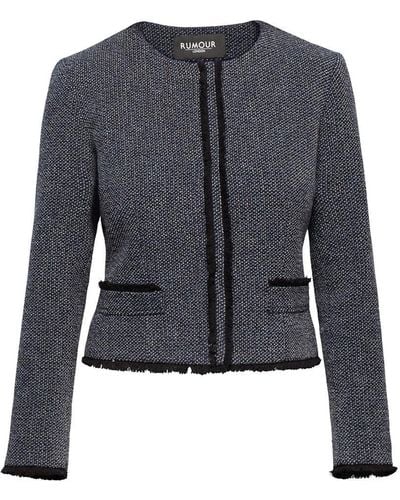 Rumour London Eleanor Navy And Cream Tweed Jacket With Fringing Detail - Blue