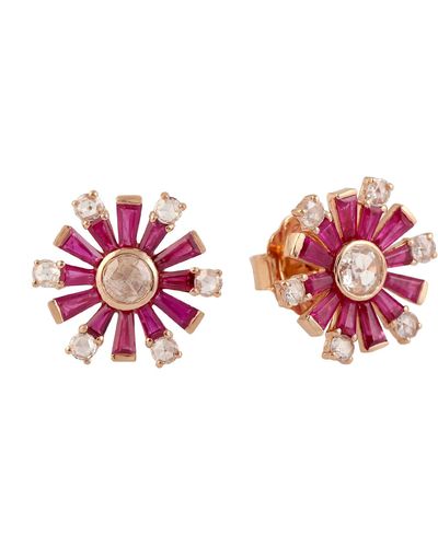 Artisan Baguette Ruby & Natural Diamond Stud Earrings In 18k Rose Gold Unique Jewellery - Pink